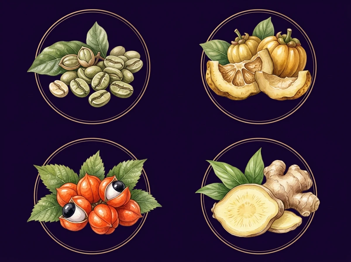 Botanical illustration showing four circular vignettes of green coffee, garcinia cambogia, guarana and ginger