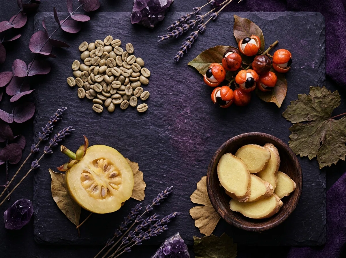 Garcinia cambogia, green coffee beans, guarana berries and ginger root arranged on dark slate